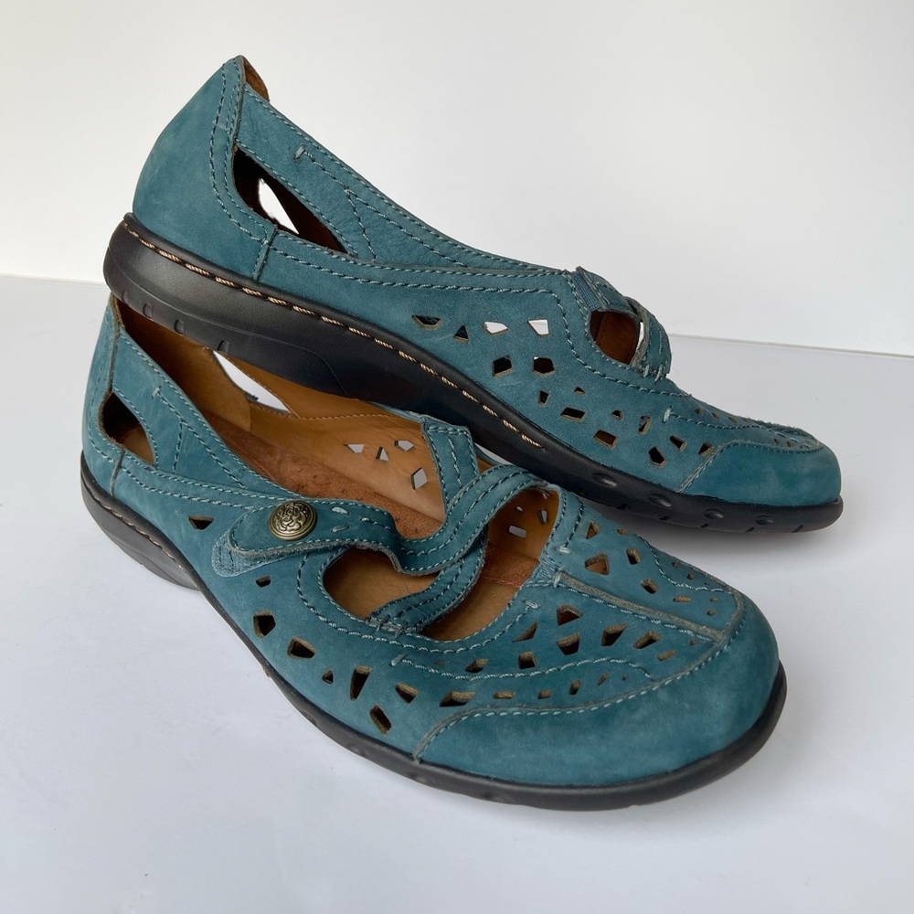Cobb Hill New Balance Teal Suede Criss Cross Mary Janes Velcro Strap Sandals - Picture 6 of 10
